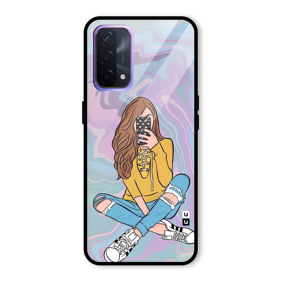 Selfie Girl Illustration Glass Back Case for Oppo A74 5G