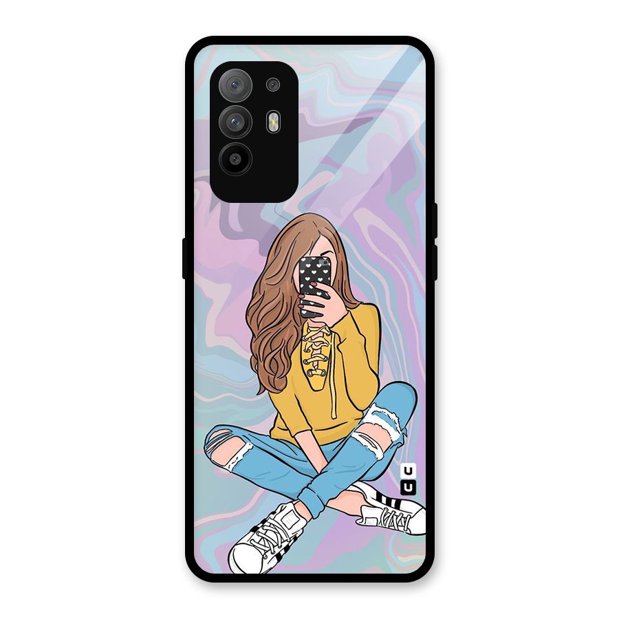 Selfie Girl Illustration Glass Back Case for Oppo F19 Pro Plus 5G