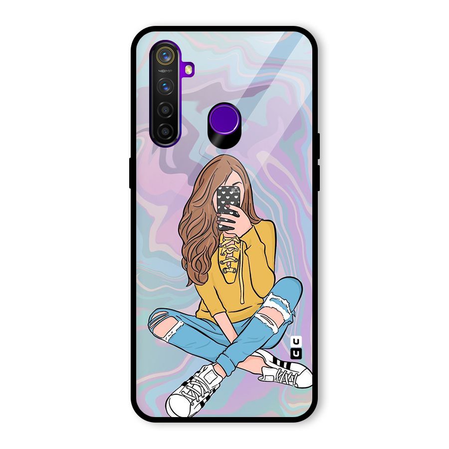 Selfie Girl Illustration Glass Back Case for Realme 5 Pro