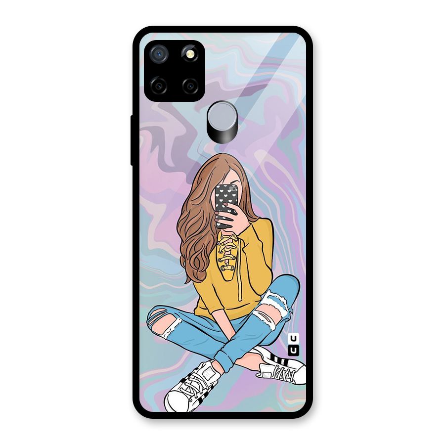 Selfie Girl Illustration Glass Back Case for Realme C15