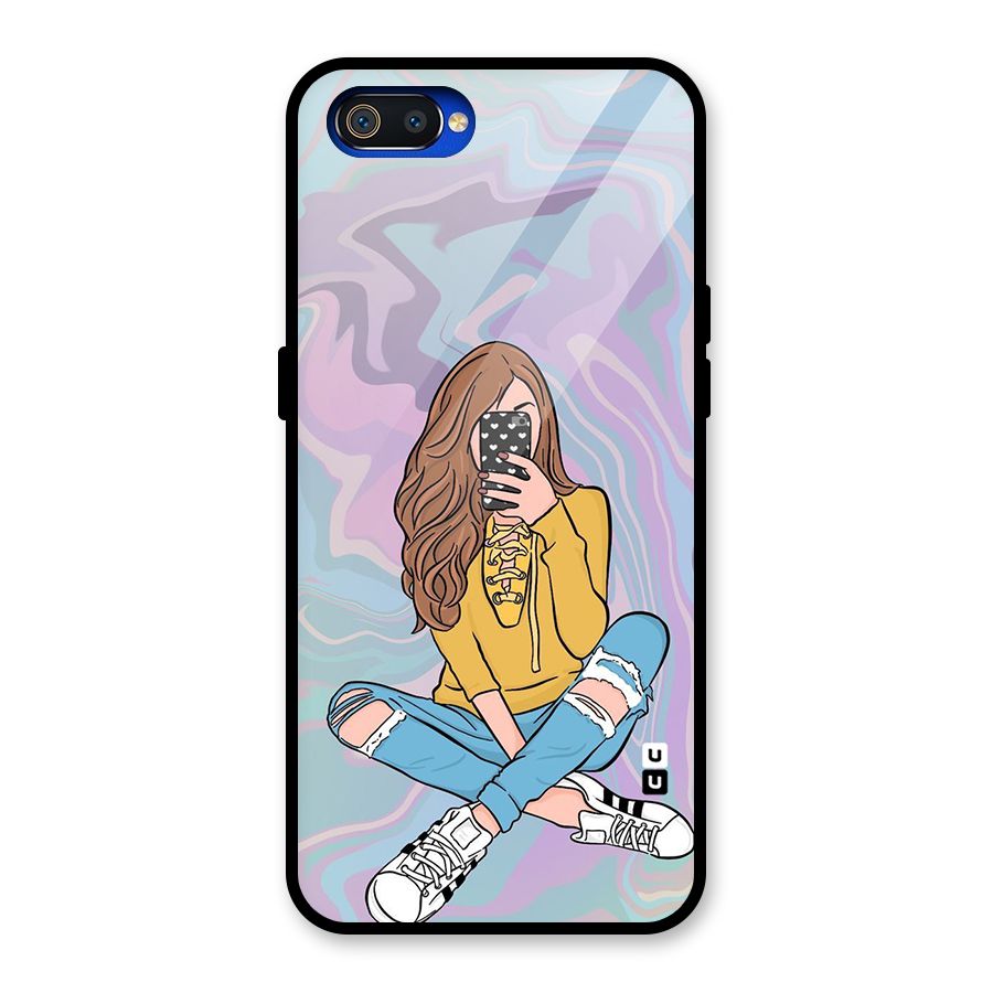 Selfie Girl Illustration Glass Back Case for Realme C2