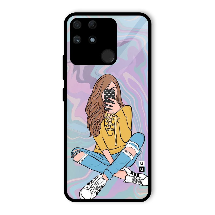 Selfie Girl Illustration Glass Back Case for Realme Narzo 50A