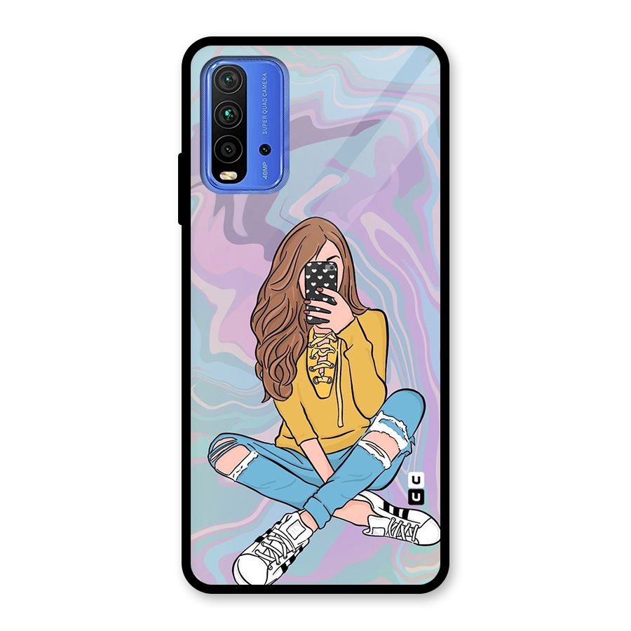 Selfie Girl Illustration Glass Back Case for Redmi 9 Power