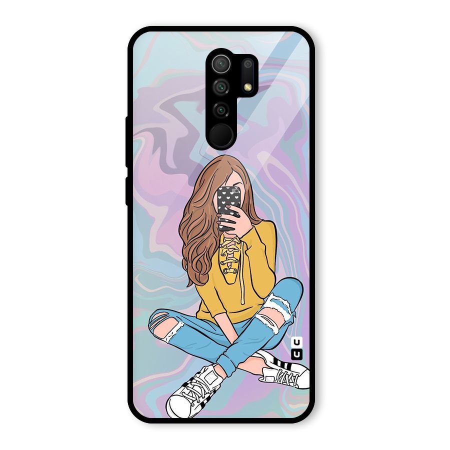 Selfie Girl Illustration Glass Back Case for Redmi 9 Prime