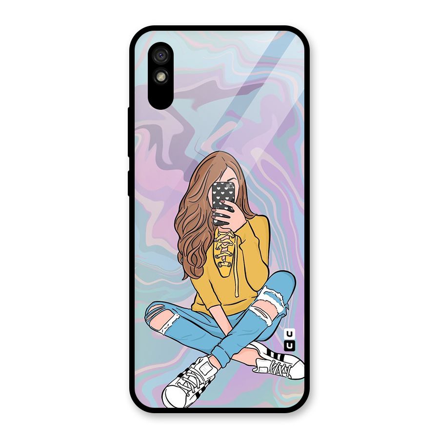 Selfie Girl Illustration Glass Back Case for Redmi 9i