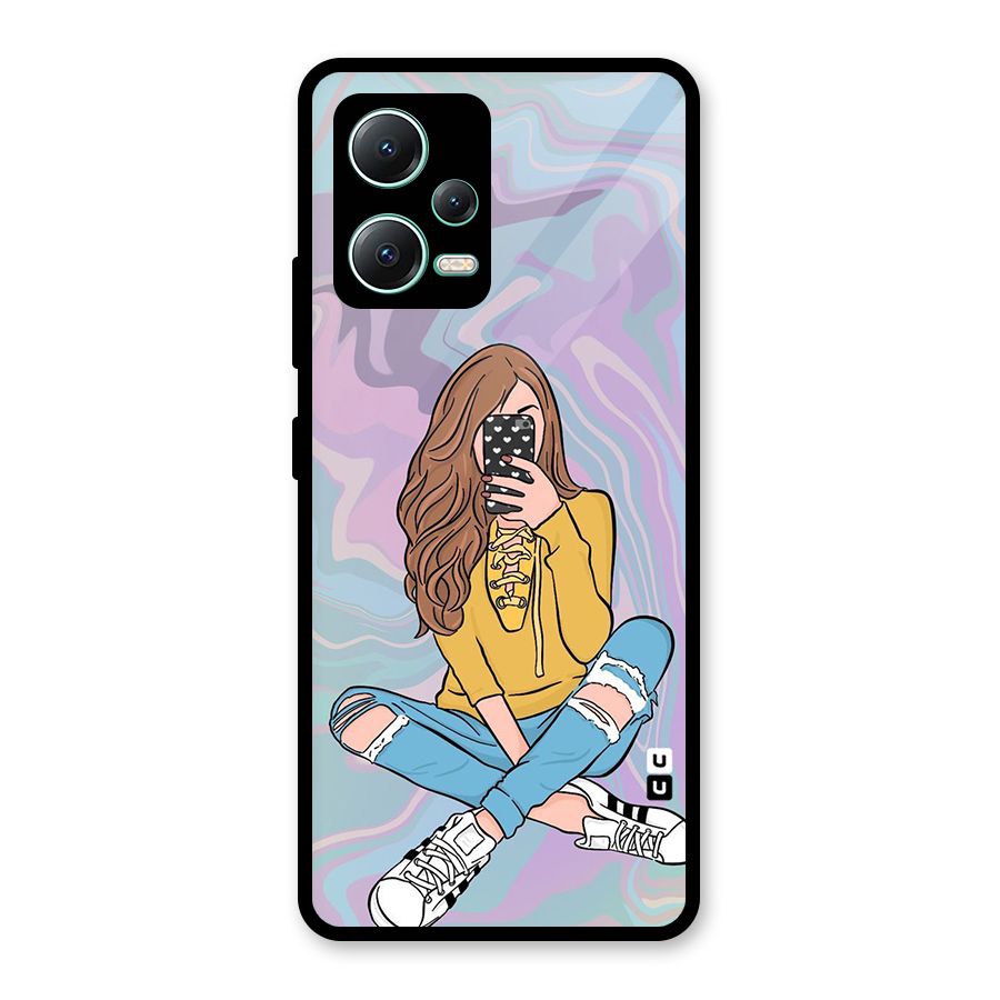 Selfie Girl Illustration Glass Back Case for Redmi Note 12 5G