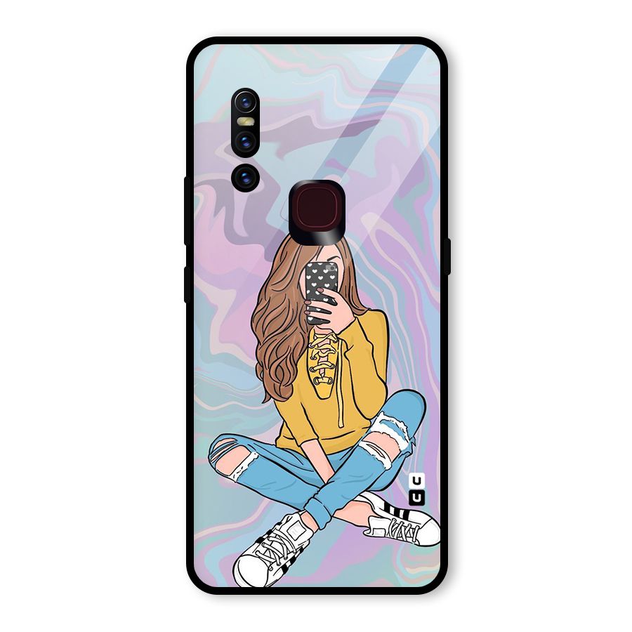 Selfie Girl Illustration Glass Back Case for Vivo V15