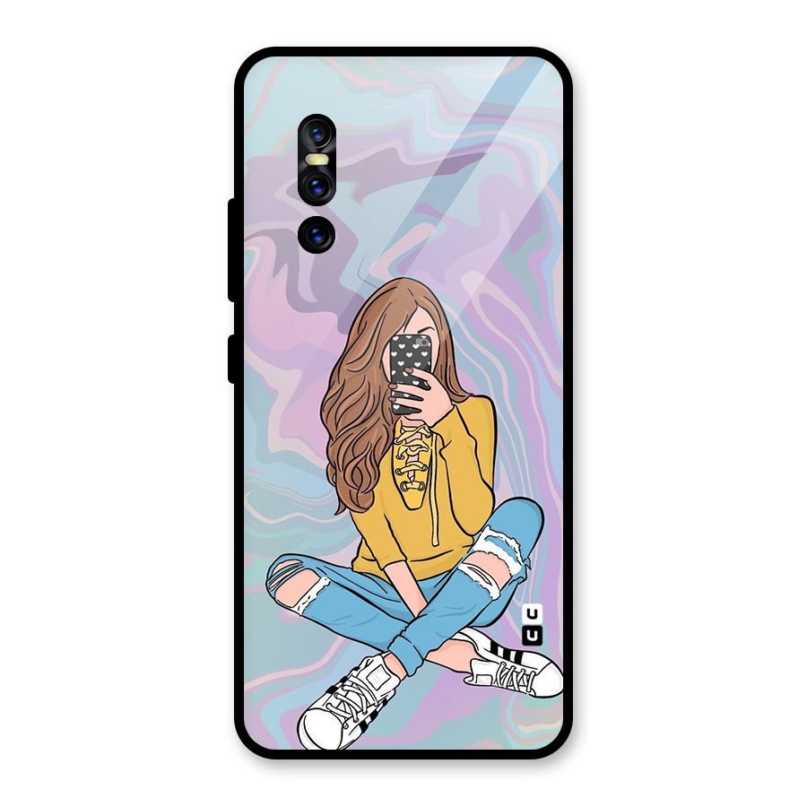 Selfie Girl Illustration Glass Back Case for Vivo V15 Pro