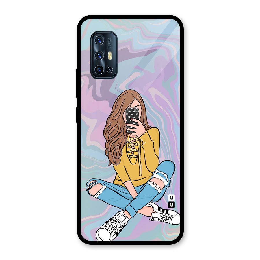 Selfie Girl Illustration Glass Back Case for Vivo V17