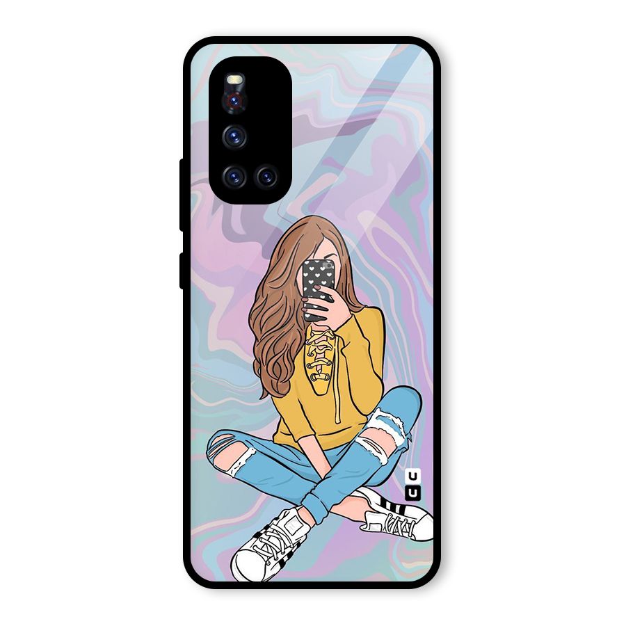 Selfie Girl Illustration Glass Back Case for Vivo V19
