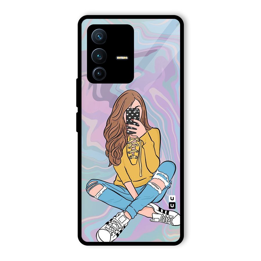 Selfie Girl Illustration Glass Back Case for Vivo V23 Pro