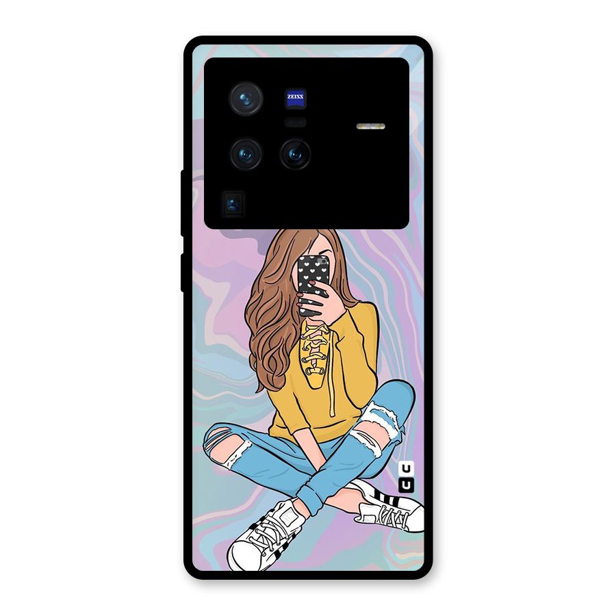 Selfie Girl Illustration Glass Back Case for Vivo X80 Pro