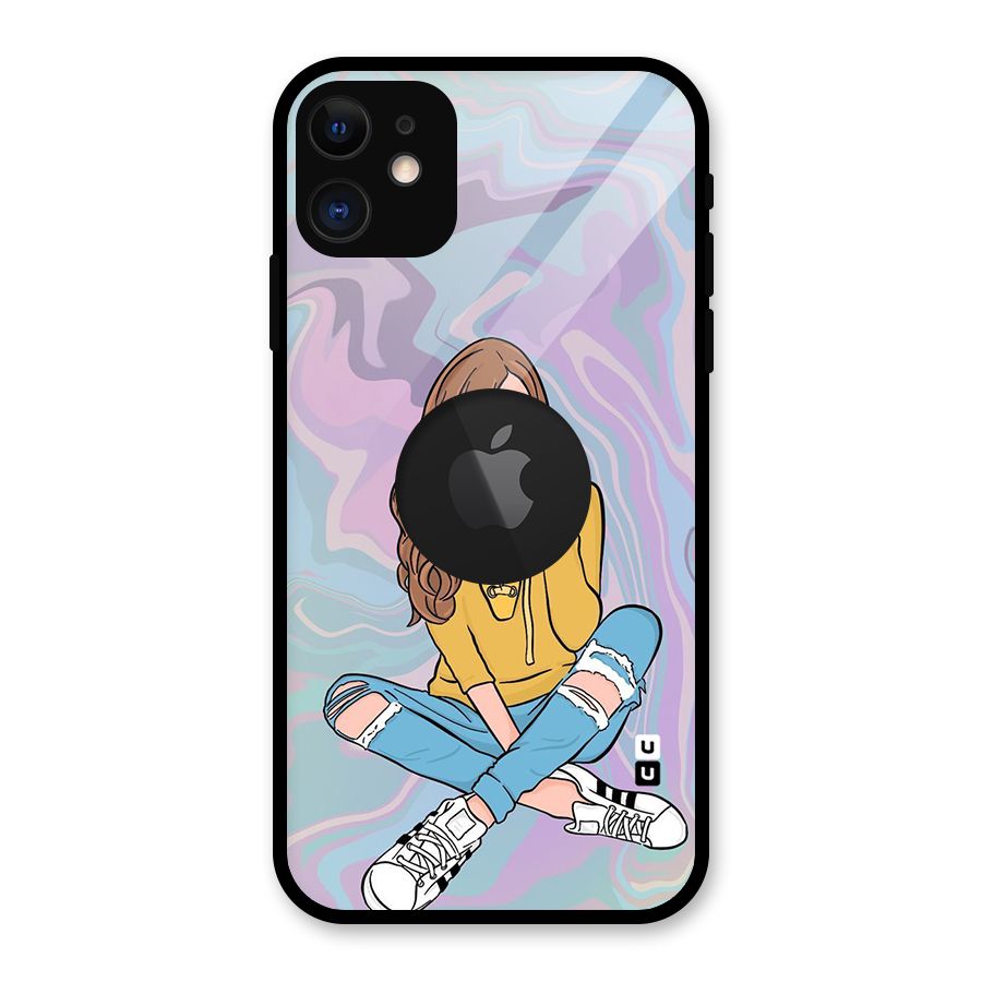 Selfie Girl Illustration Glass Back Case for iPhone 11 Logo Cut