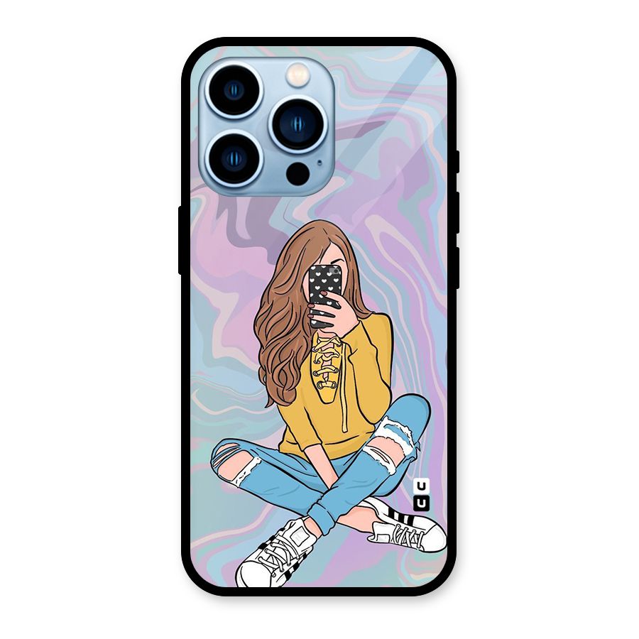 Selfie Girl Illustration Glass Back Case for iPhone 13 Pro