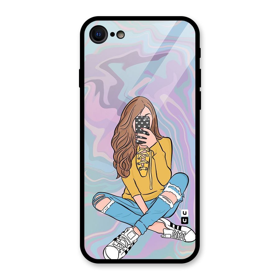 Selfie Girl Illustration Glass Back Case for iPhone SE 2022