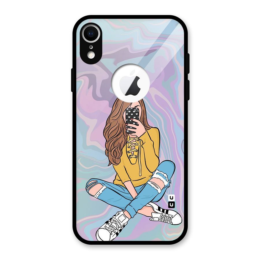 Selfie Girl Illustration Glass Back Case for iPhone XR Logo Cut