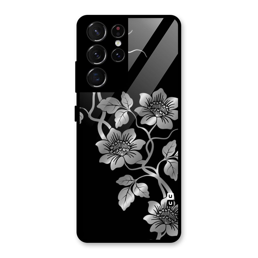Silver Grey Flowers Glass Back Case for Galaxy S21 Ultra 5G
