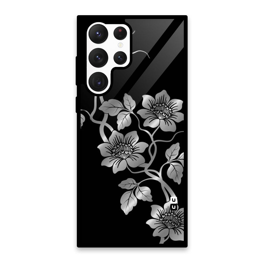 Silver Grey Flowers Glass Back Case for Galaxy S22 Ultra 5G