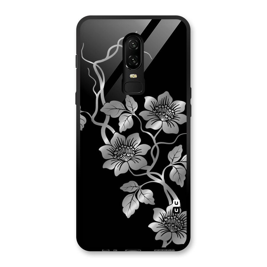 Silver Grey Flowers Glass Back Case for OnePlus 6