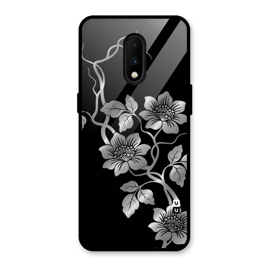 Silver Grey Flowers Glass Back Case for OnePlus 7