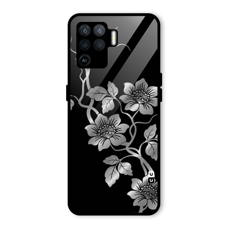 Silver Grey Flowers Glass Back Case for Oppo F19 Pro