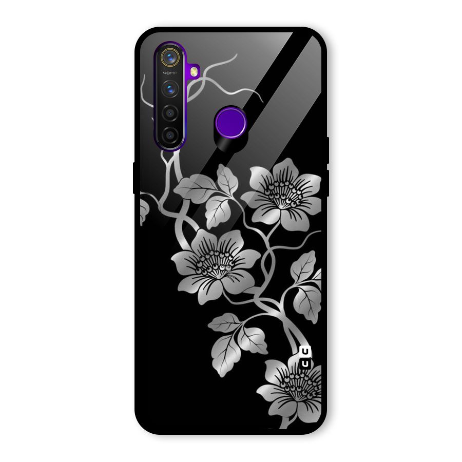 Silver Grey Flowers Glass Back Case for Realme 5 Pro
