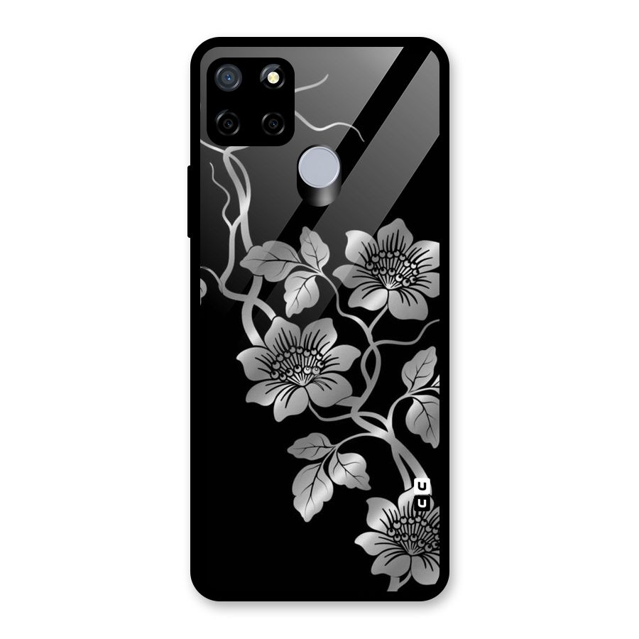 Silver Grey Flowers Glass Back Case for Realme Narzo 30A