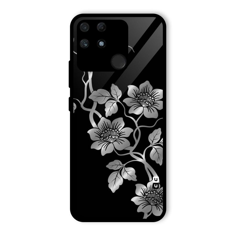 Silver Grey Flowers Glass Back Case for Realme Narzo 50A