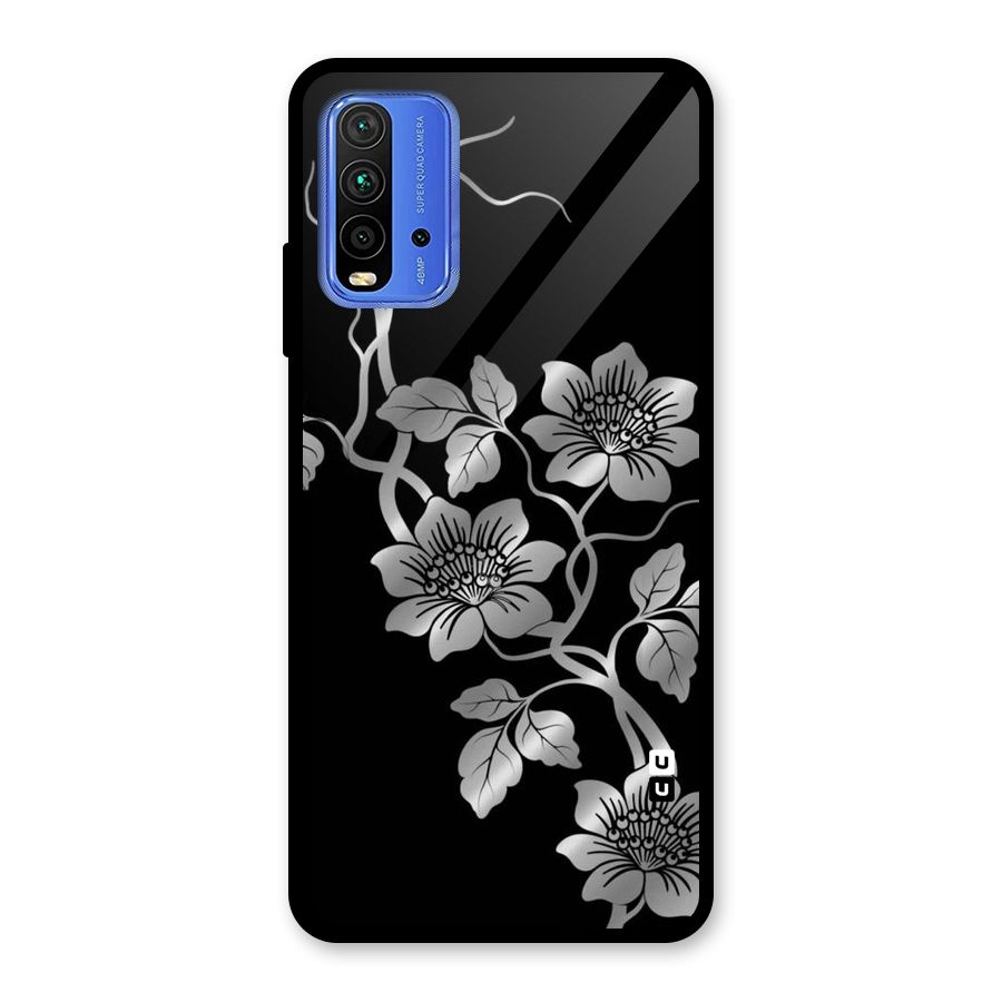Silver Grey Flowers Glass Back Case for Redmi 9 Power