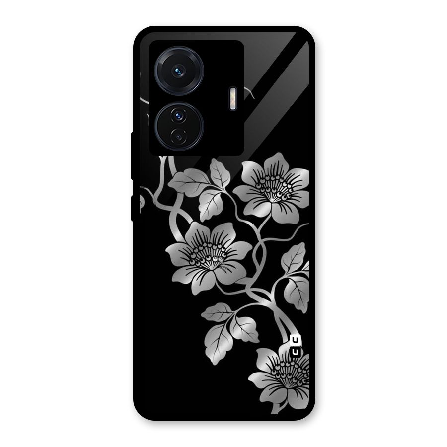 Silver Grey Flowers Glass Back Case for Vivo T1 Pro