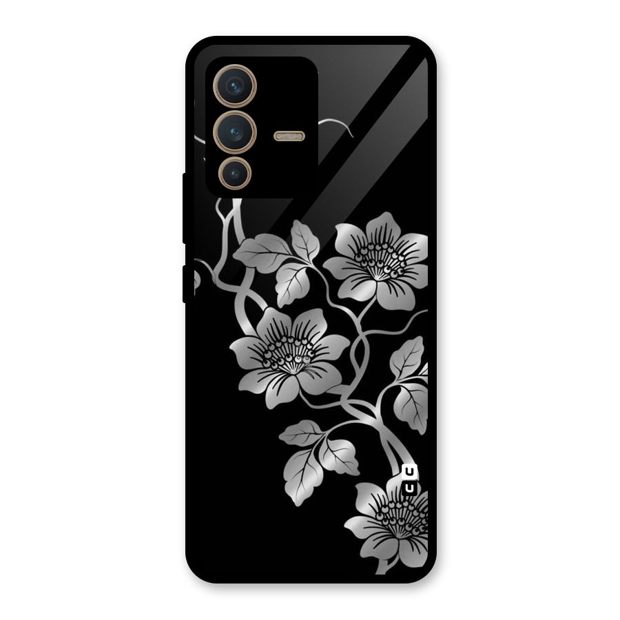 Silver Grey Flowers Glass Back Case for Vivo V23 5G