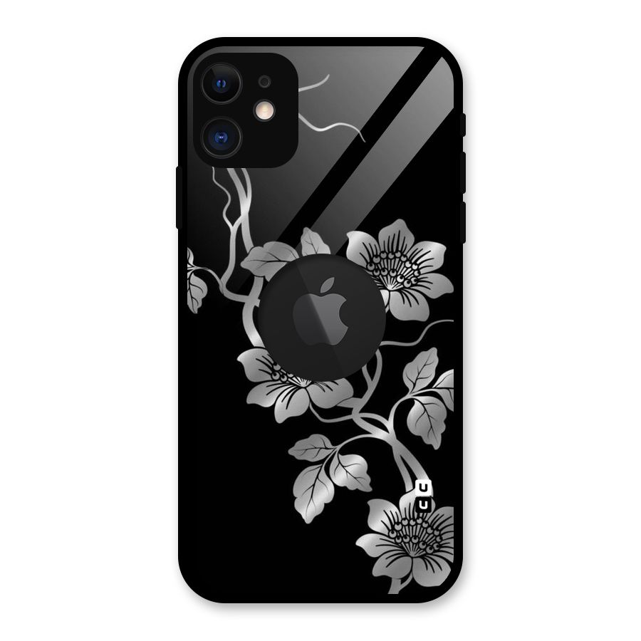 Silver Grey Flowers Glass Back Case for iPhone 11 Logo Cut