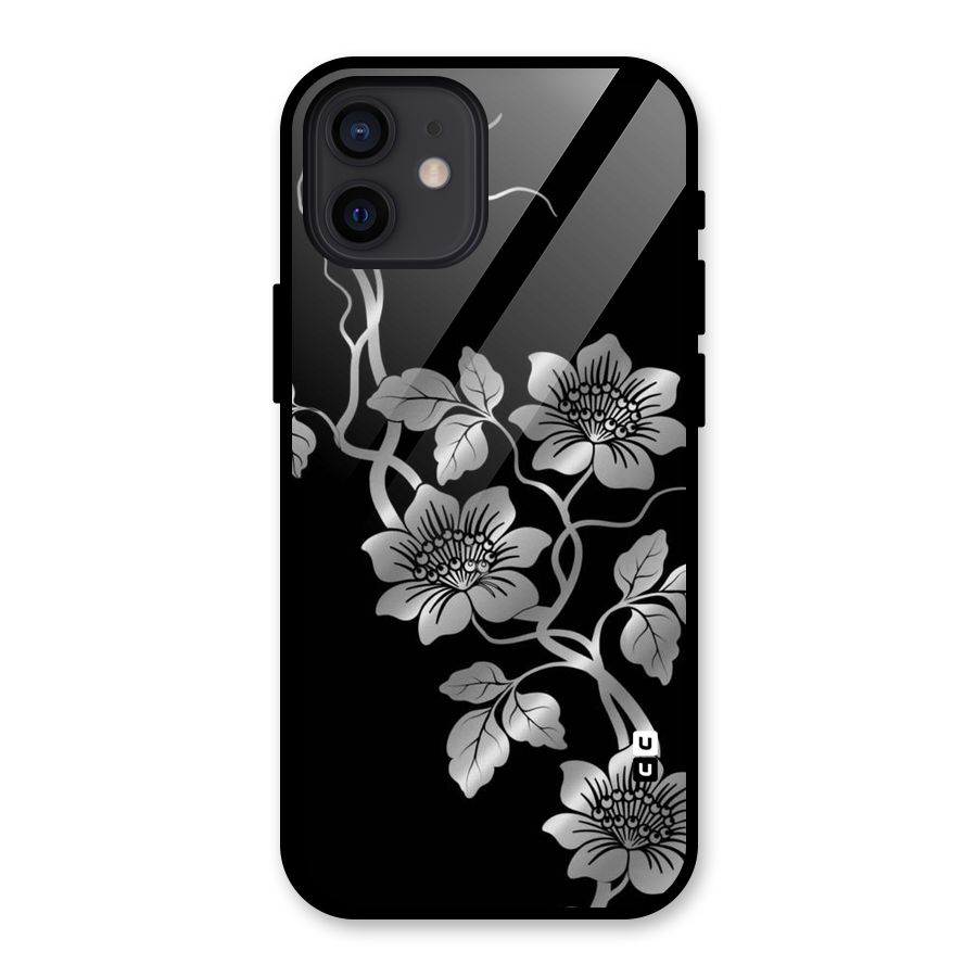 Silver Grey Flowers Glass Back Case for iPhone 12