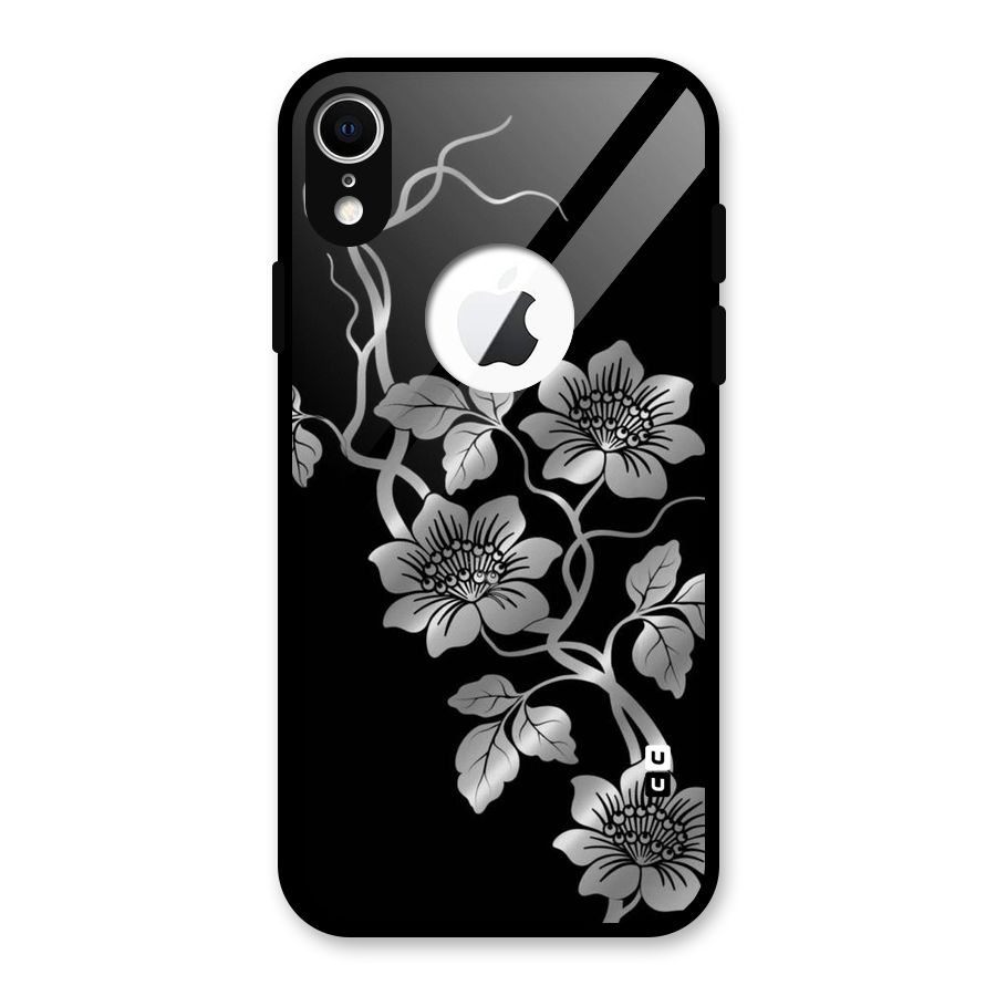 Silver Grey Flowers Glass Back Case for iPhone XR Logo Cut