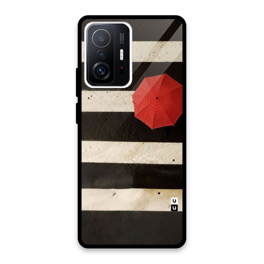 Single Red Umbrella Stripes Glass Back Case for Xiaomi 11T Pro