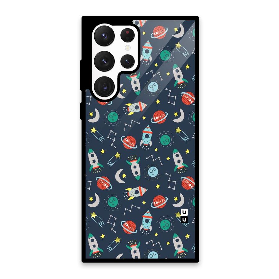 Space Rocket Pattern Glass Back Case for Galaxy S22 Ultra 5G