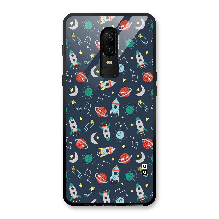 Space Rocket Pattern Glass Back Case for OnePlus 6