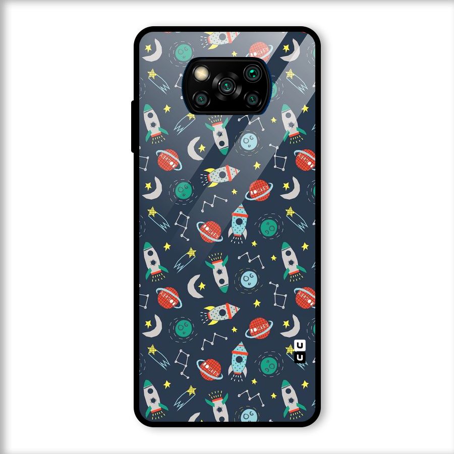 Space Rocket Pattern Glass Back Case for Poco X3