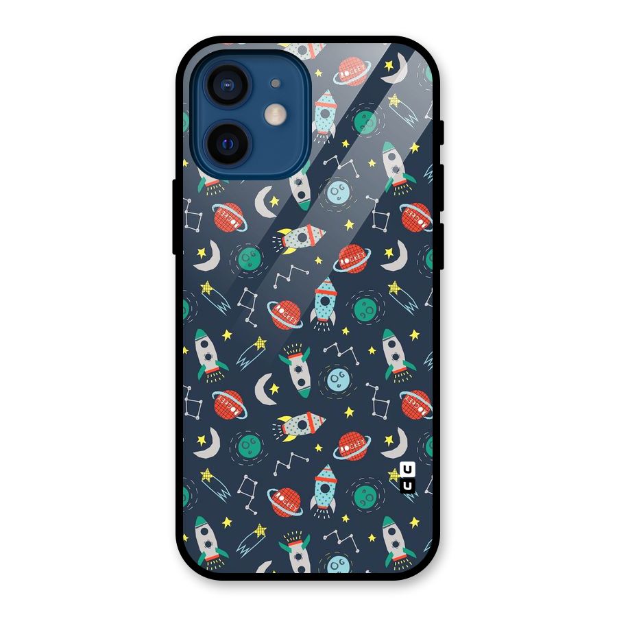 Space Rocket Pattern Glass Back Case for iPhone 12 Mini