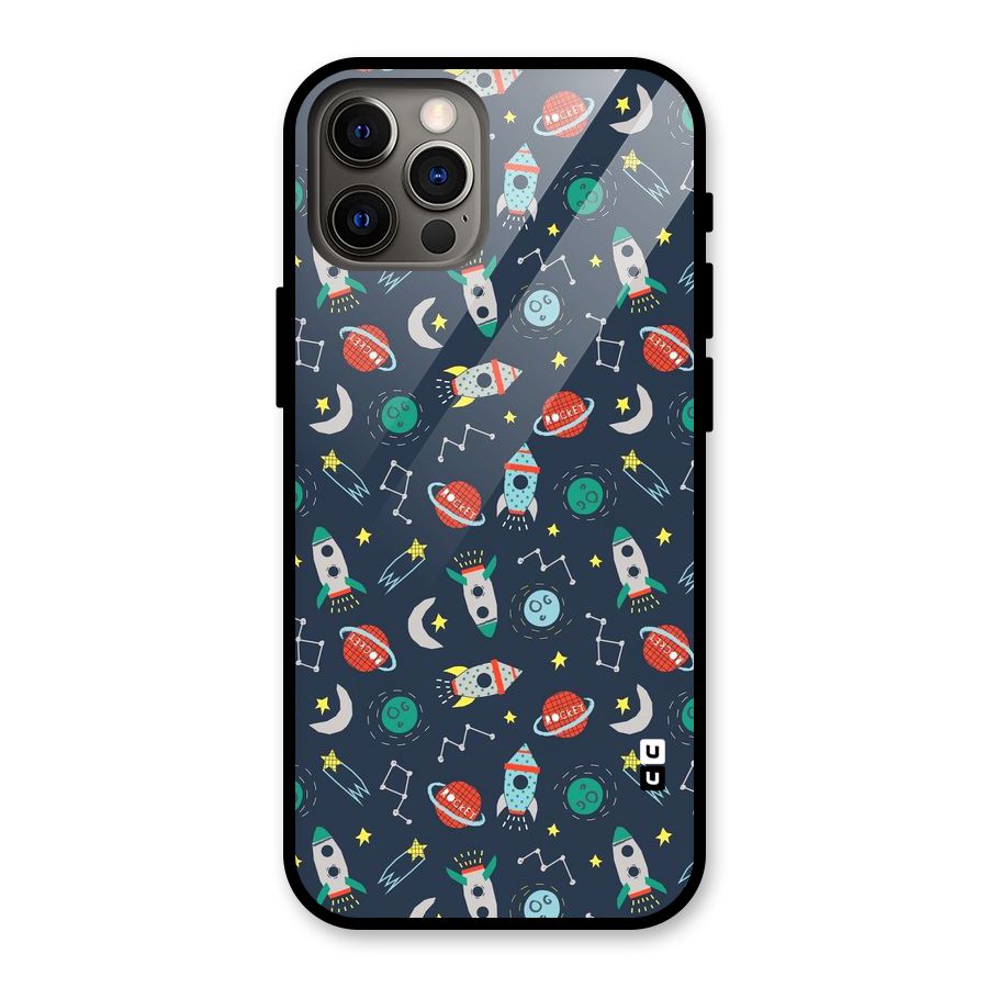 Space Rocket Pattern Glass Back Case for iPhone 12 Pro