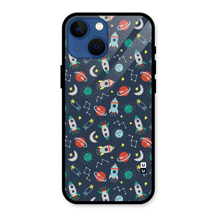 Space Rocket Pattern Glass Back Case for iPhone 13 Mini