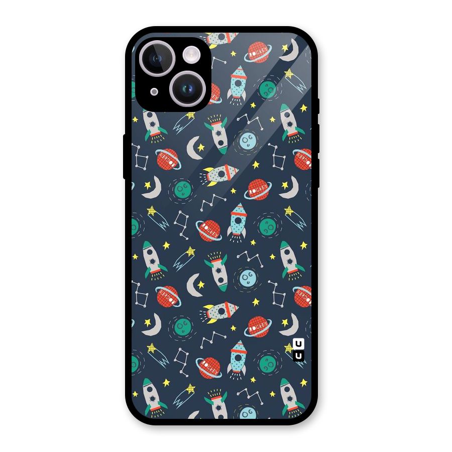 Space Rocket Pattern Glass Back Case for iPhone 14 Plus