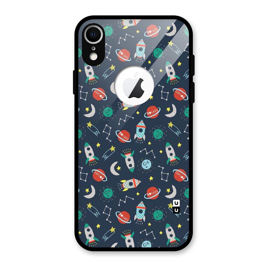 Space Rocket Pattern Glass Back Case for iPhone XR Logo Cut