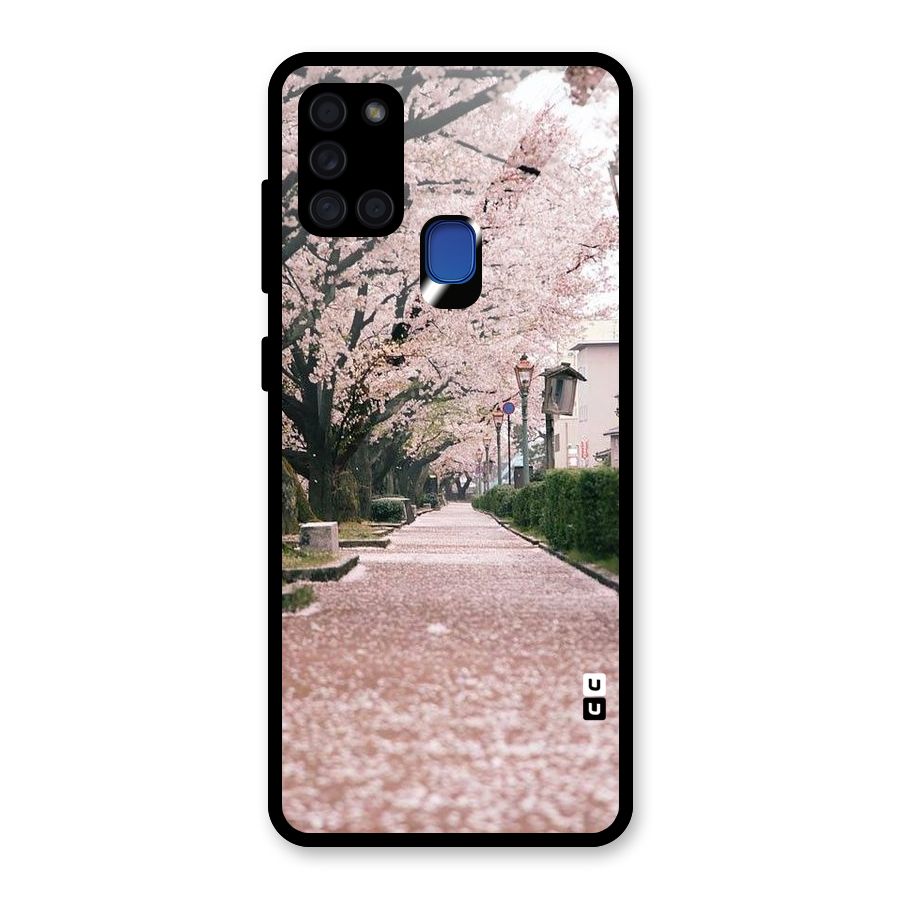 Street In Pink Flowers Glass Back Case for Galaxy A21s
