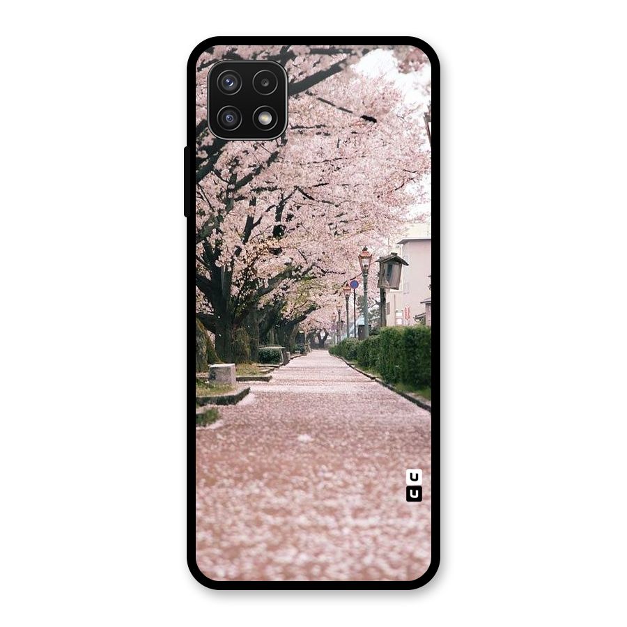 Street In Pink Flowers Glass Back Case for Galaxy A22 5G