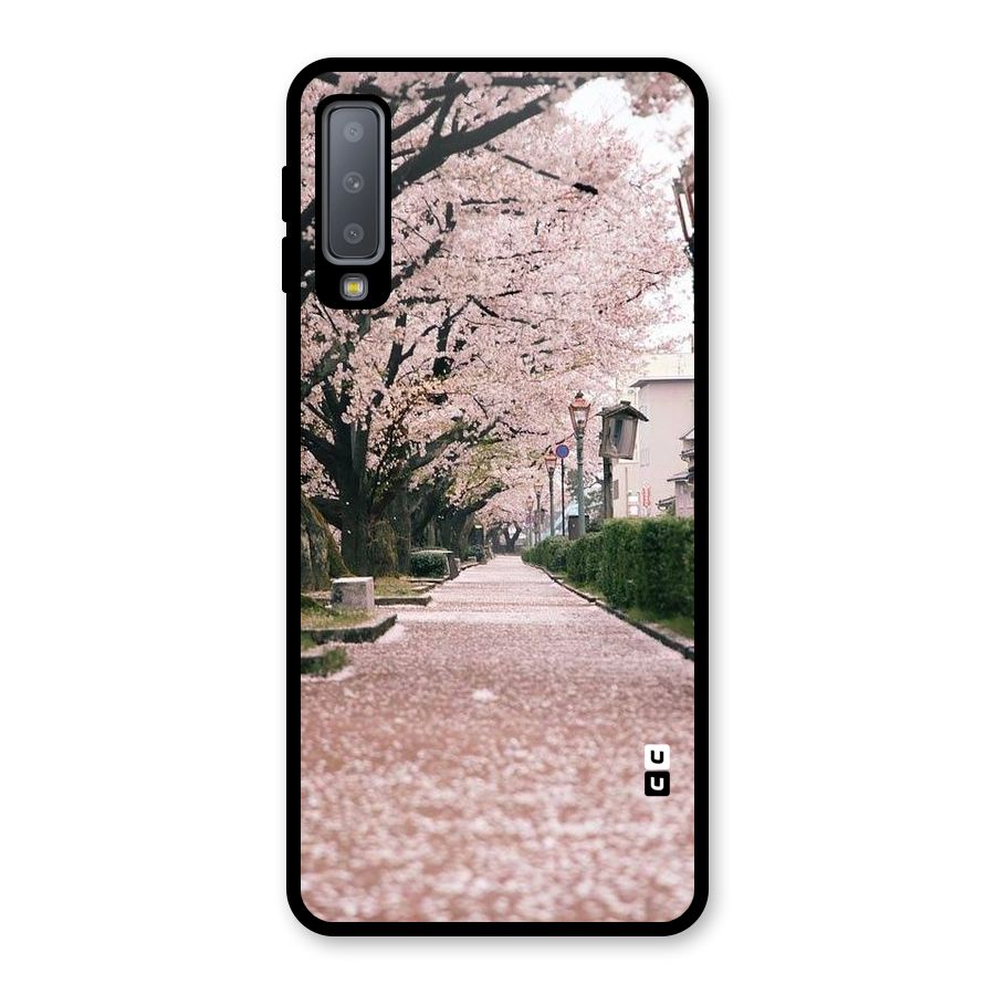 Street In Pink Flowers Glass Back Case for Galaxy A7 (2018)