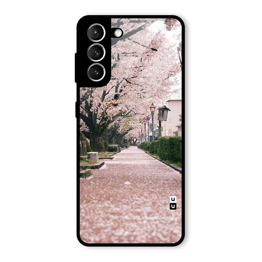 Street In Pink Flowers Glass Back Case for Galaxy S21 5G