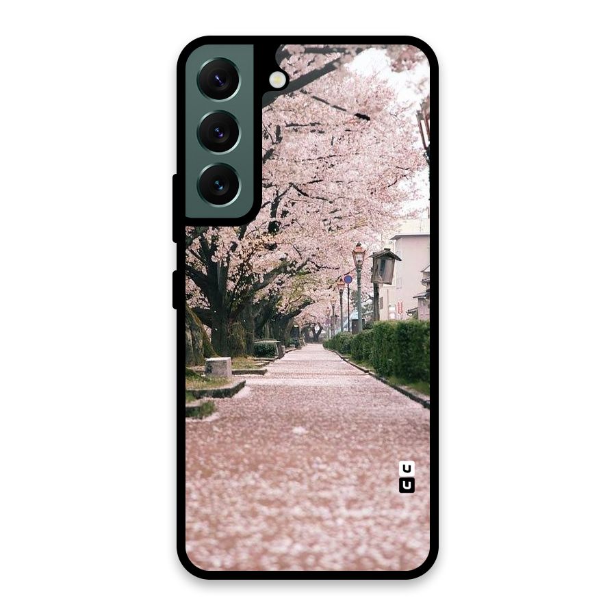 Street In Pink Flowers Glass Back Case for Galaxy S22 5G
