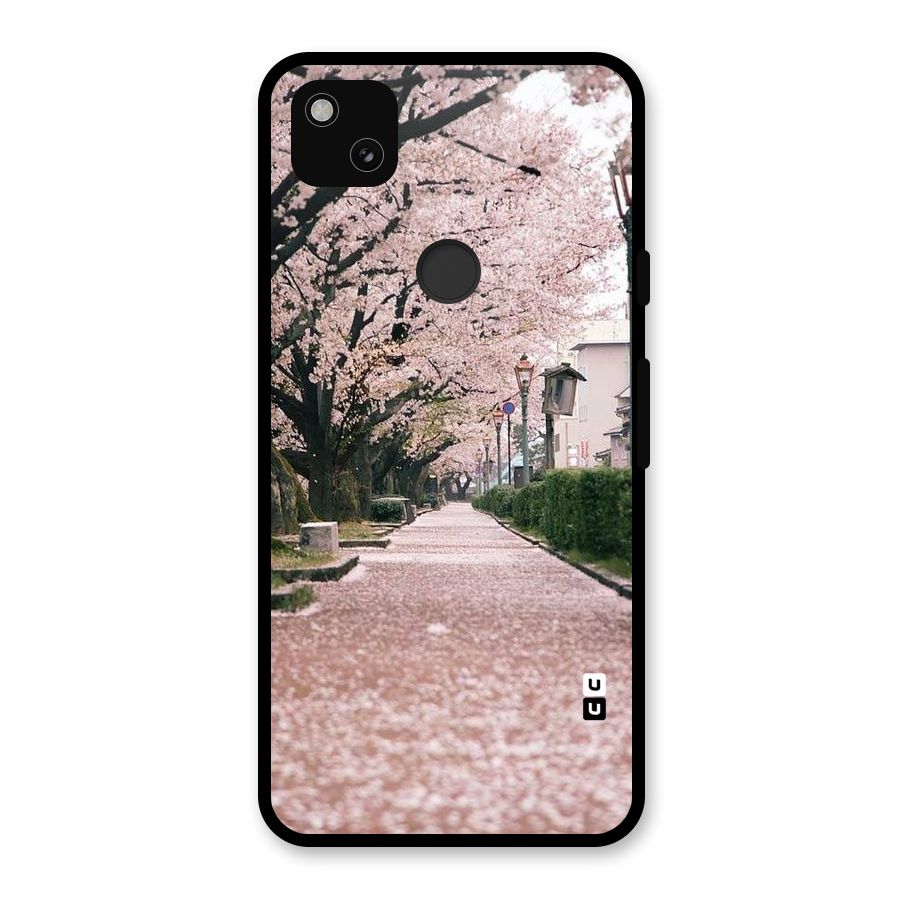 Street In Pink Flowers Glass Back Case for Google Pixel 4a