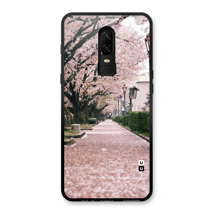 Street In Pink Flowers Glass Back Case for OnePlus 6